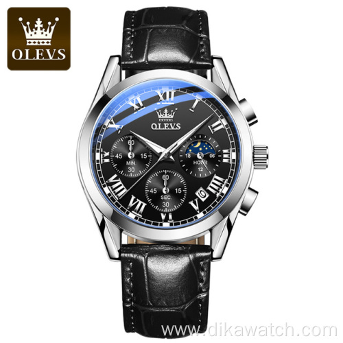 OLEVS Luxury Leather Watch Casual Business Man Quartz Six Needle Rose Gold Chronograph Color Sport Watches Luminous Wristwatch